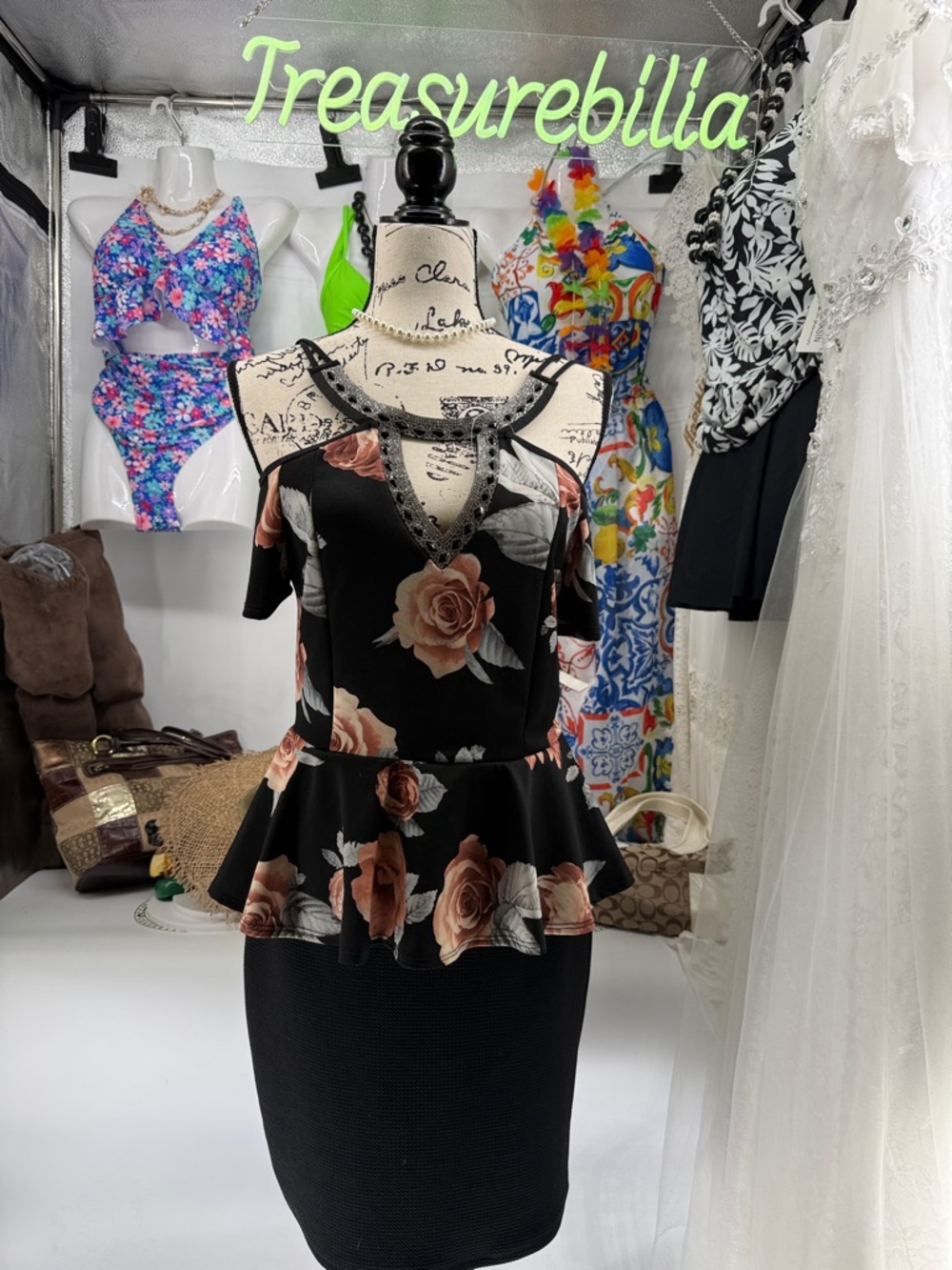 Source Unknown Black Peplum Dress with Blush Rose Print